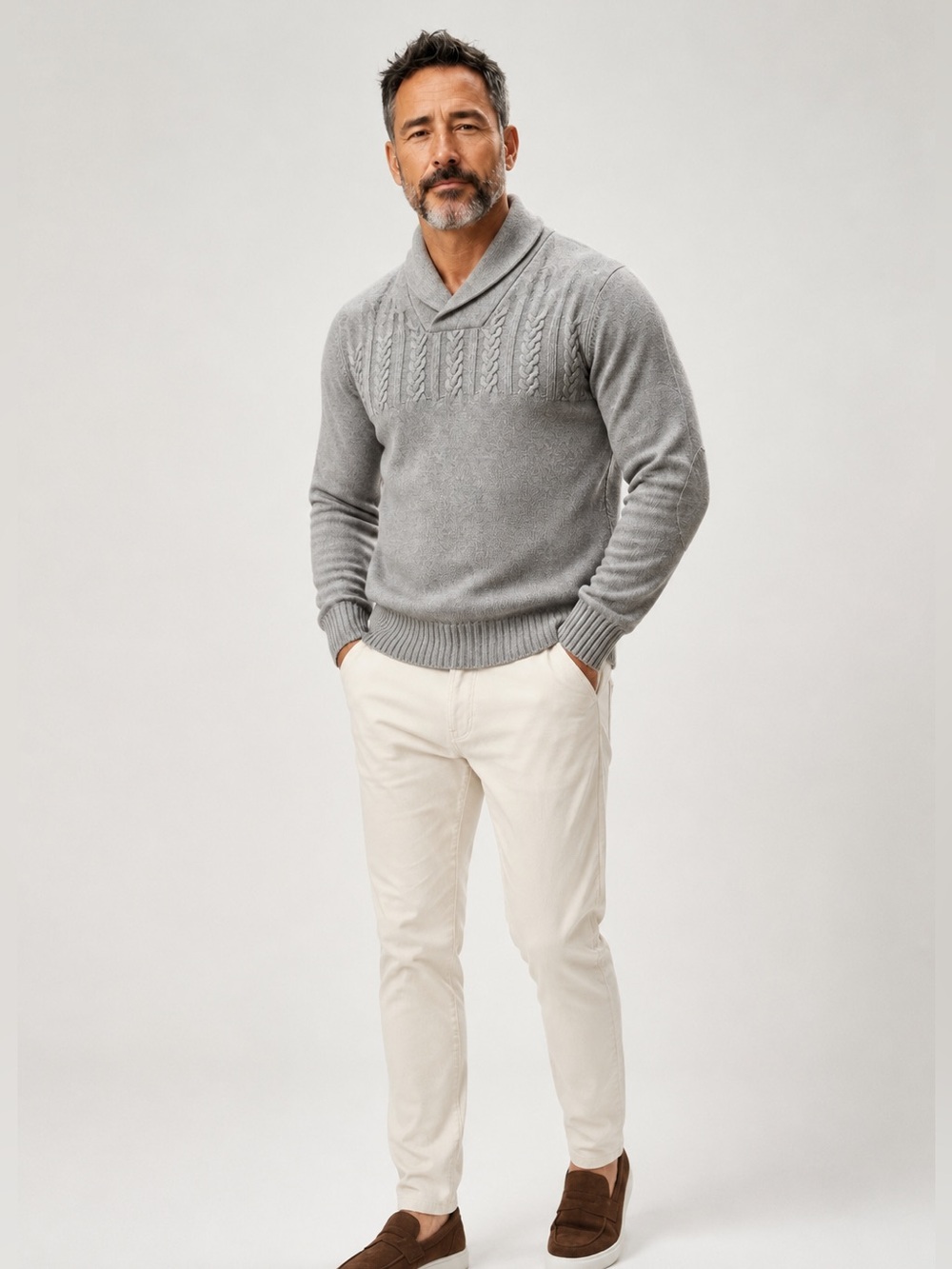 Cremieux Classics Wool & Cashmere Shawl Collar Sweater – Men’s Large Gray Cable
